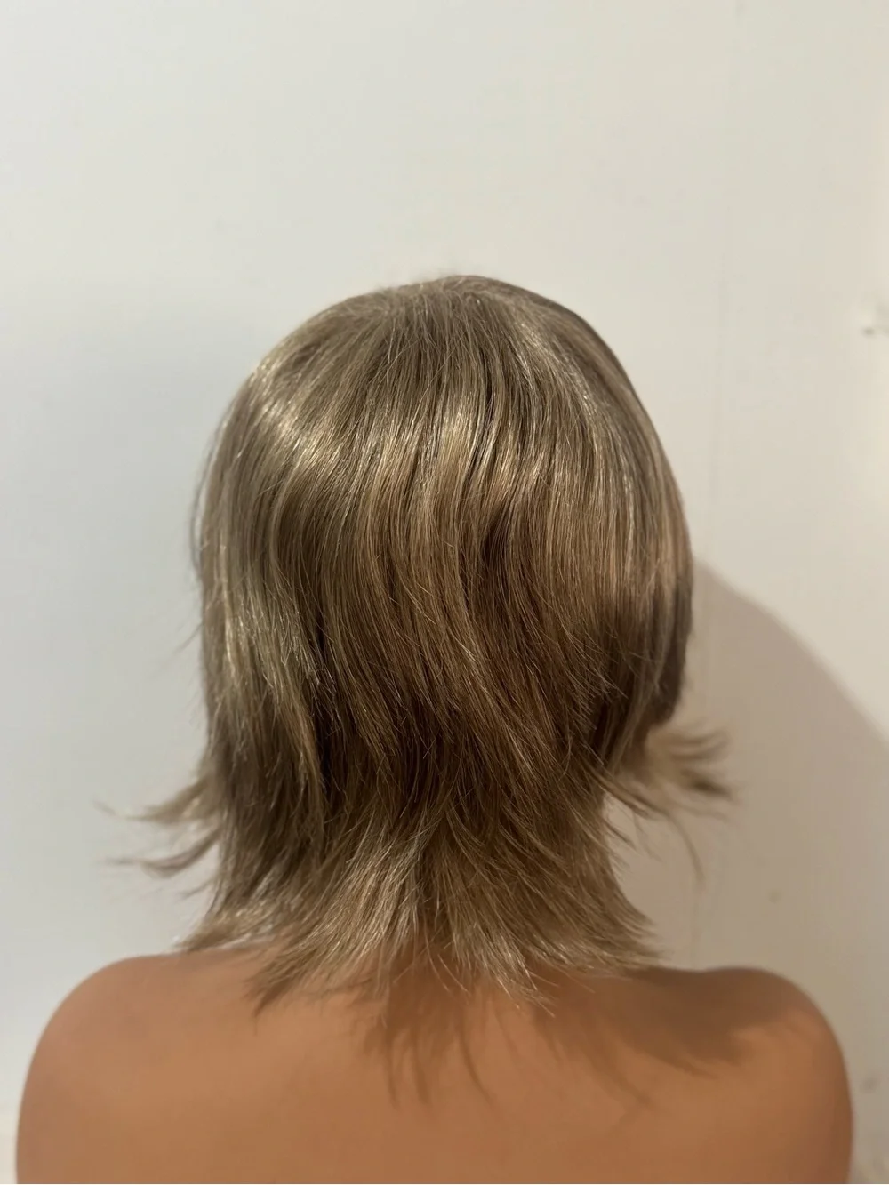 Short Layered Ash Blonde Modacrylic Wig with Side Swept Bangs